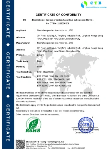 RoHS material compliance certificate for micro pumps and solenoid valves